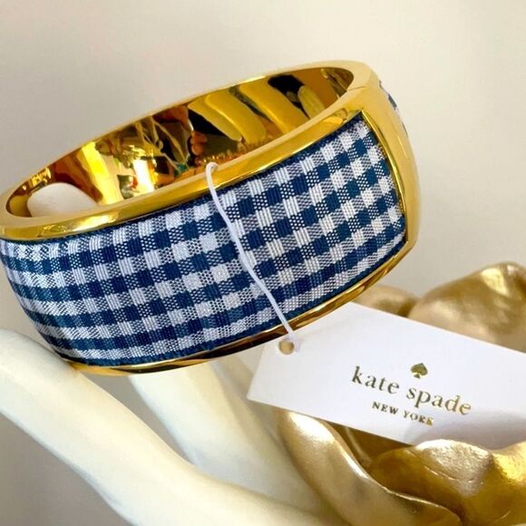 KATE SPADE NWT BANGLE BRACELET NAVY WHITE CHECK SET SAIL WITH DUST BAG - Picture 8 of 10